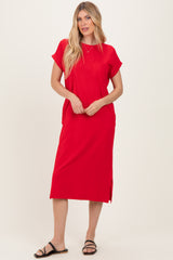 Red Pocket Front Midi T-Shirt Dress