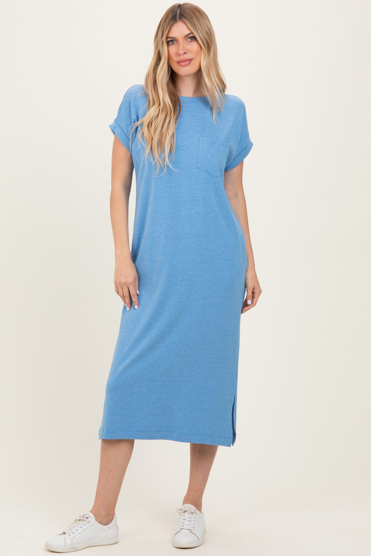 Dusty Blue Pocket Front Maternity Midi T-Shirt Dress Dusty Blue Pocket Front Maternity Midi T-Shirt Dress