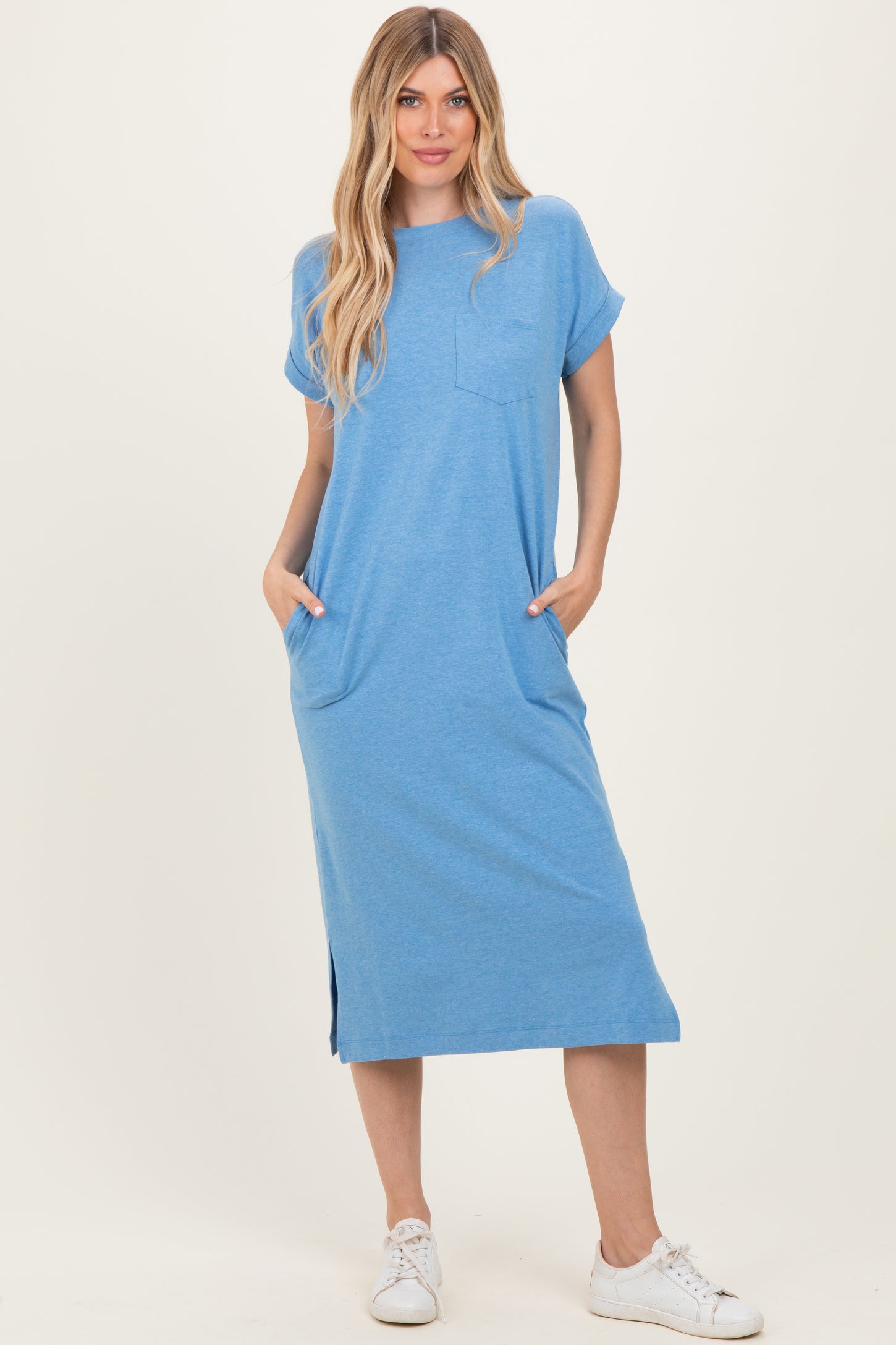 Dusty Blue Pocket Front Midi T-Shirt Dress