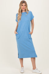 Dusty Blue Pocket Front Midi T-Shirt Dress