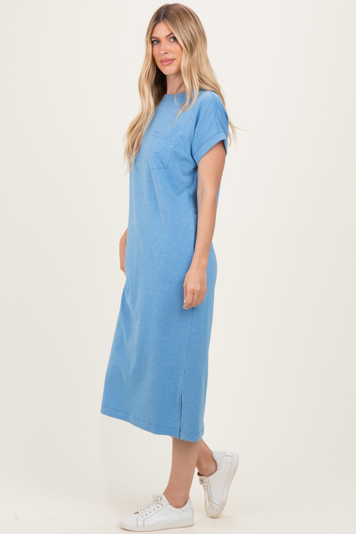 Dusty Blue Pocket Front Midi T-Shirt Dress
