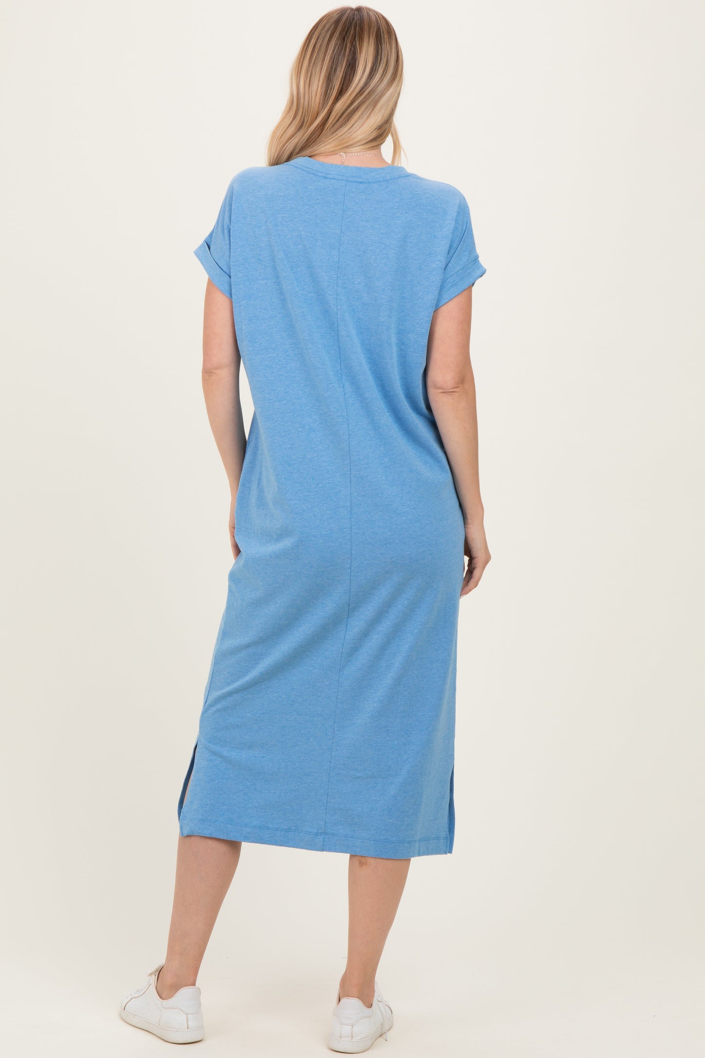 Dusty Blue Pocket Front Midi T-Shirt Dress