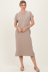 Beige Pocket Front Maternity Midi T-Shirt Dress