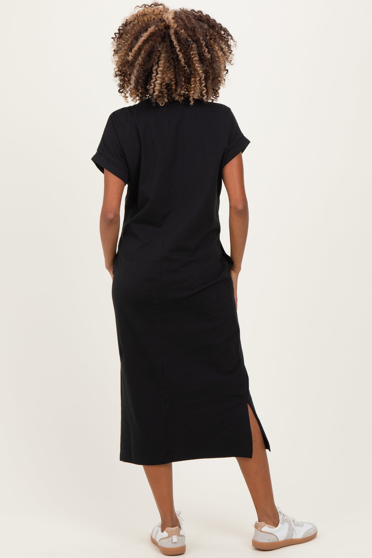 midi tee shirt dress Black Pocket Front Maternity Midi T-Shirt Dress