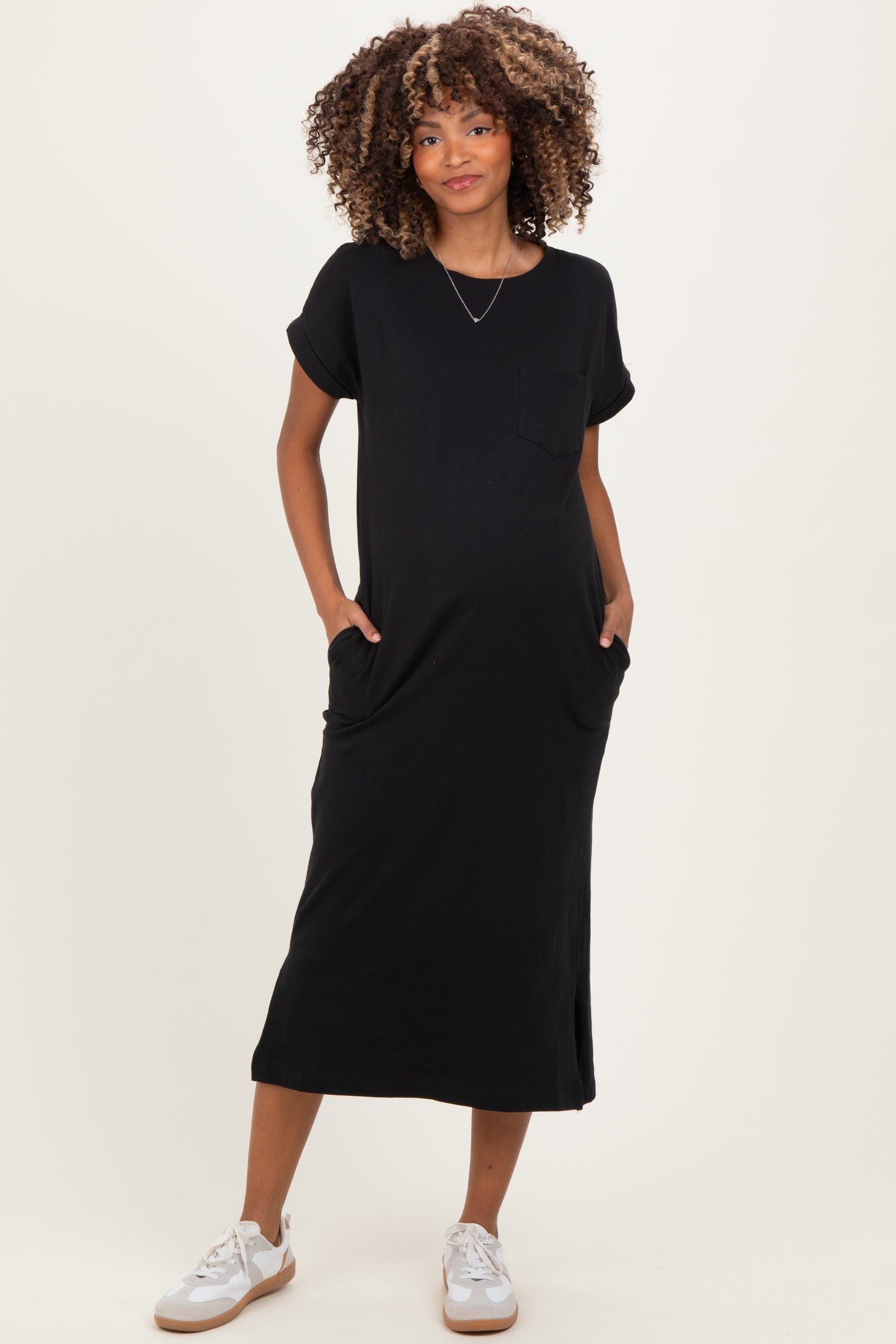 Black Pocket Front Maternity Midi T-Shirt Dress