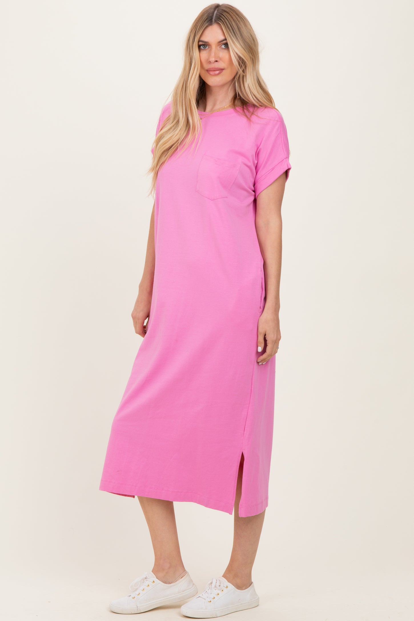 Pink Pocket Front Midi T-Shirt Dress