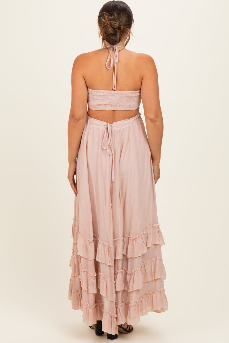 bandeau ruched ruffle trim maxi dress in blush Halter Smocked Tier Hem Maternity – PinkBlush Color:White Dove Multi annonce Vacation wardrobe with cotton-linen-edit No Stretch