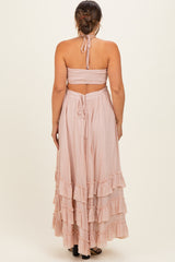 Blush Halter Smocked Ruffle Tier Hem Maternity Maxi Dress