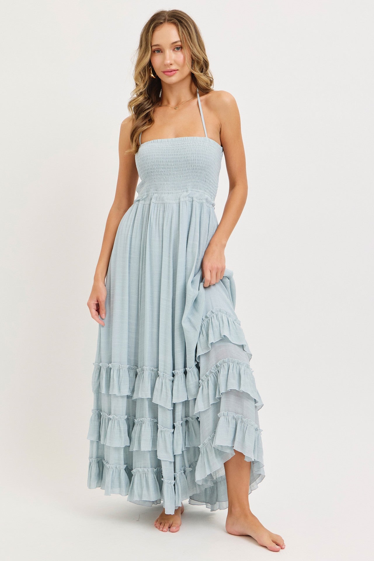 Light Blue Halter Smocked Ruffle Tier Hem Maxi Dress