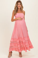 Pink Halter Smocked Ruffle Tier Hem Maternity Maxi Dress