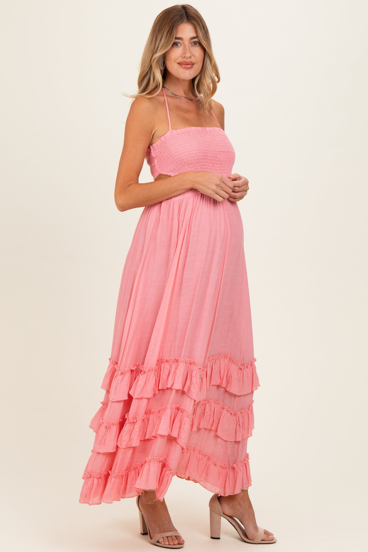 Pink Halter Smocked Ruffle Tier Hem Maternity Maxi Dress