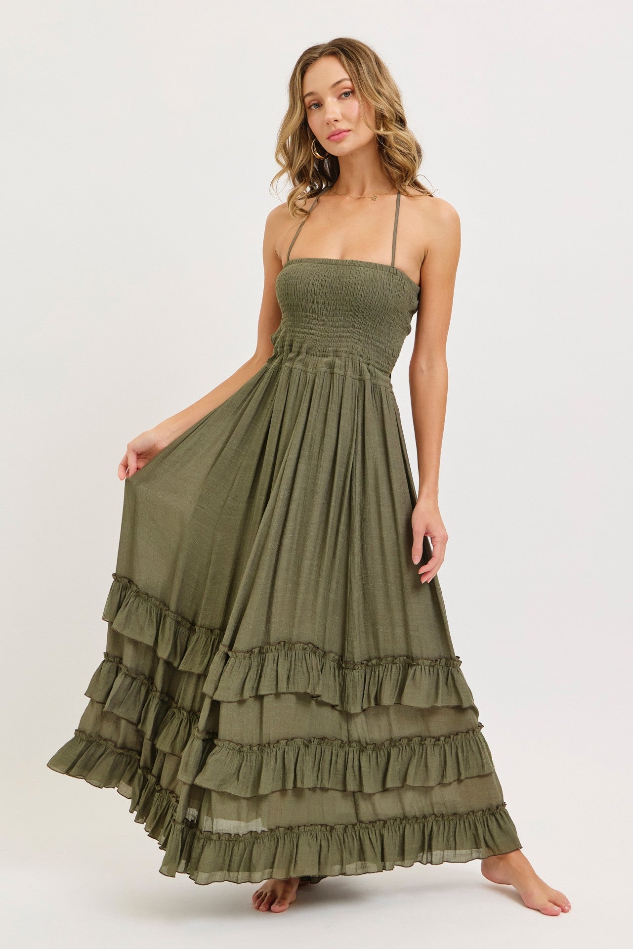 olive halter dress Smocked Ruffle Tier Hem Maxi Size:L (40) - UK 12 100% Rayon Hello witches, I have SKU_117-141-SHORT