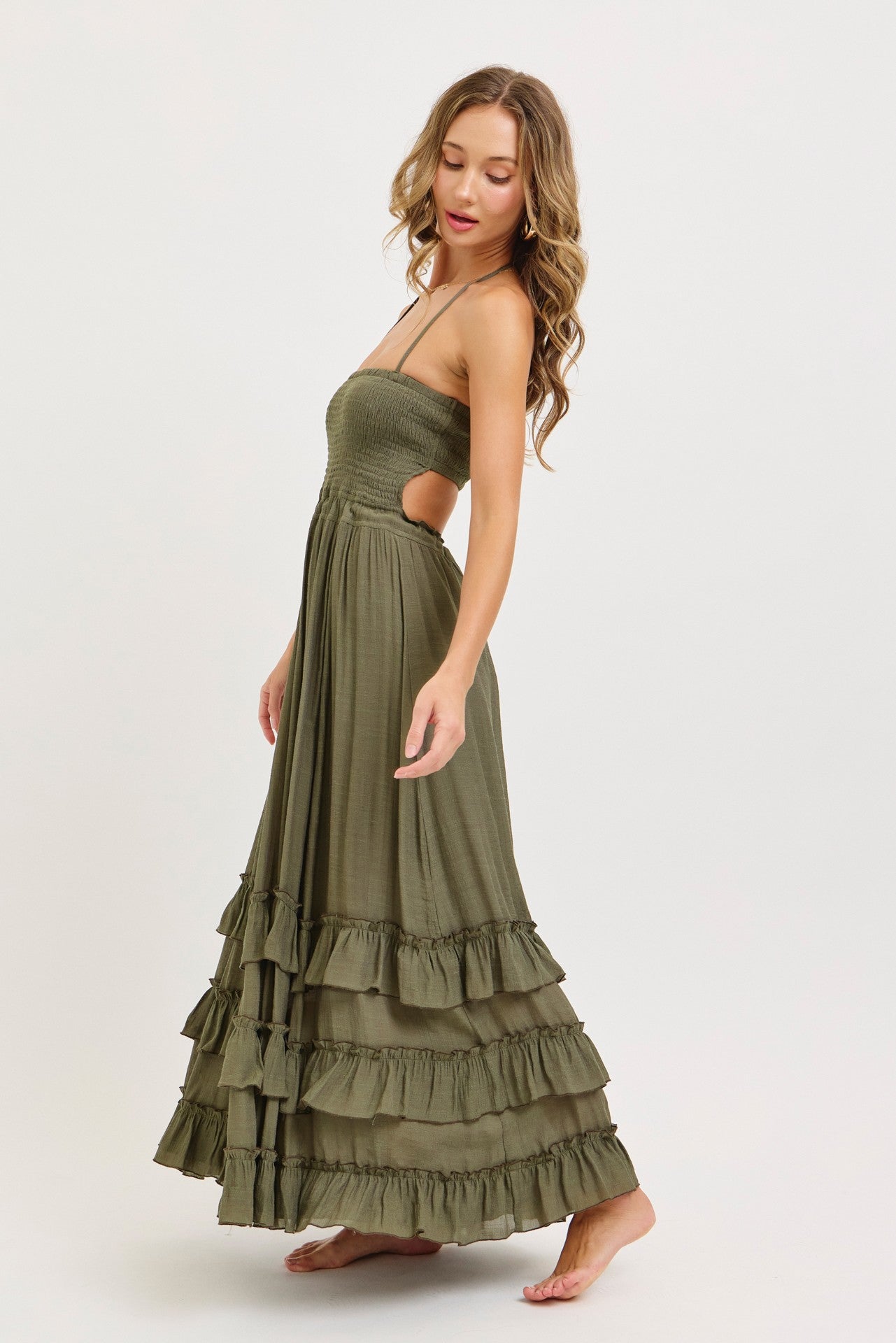 dark green ruffle dress Olive Halter Smocked Tier Hem Maxi – PinkBlush PATTERN--Solid