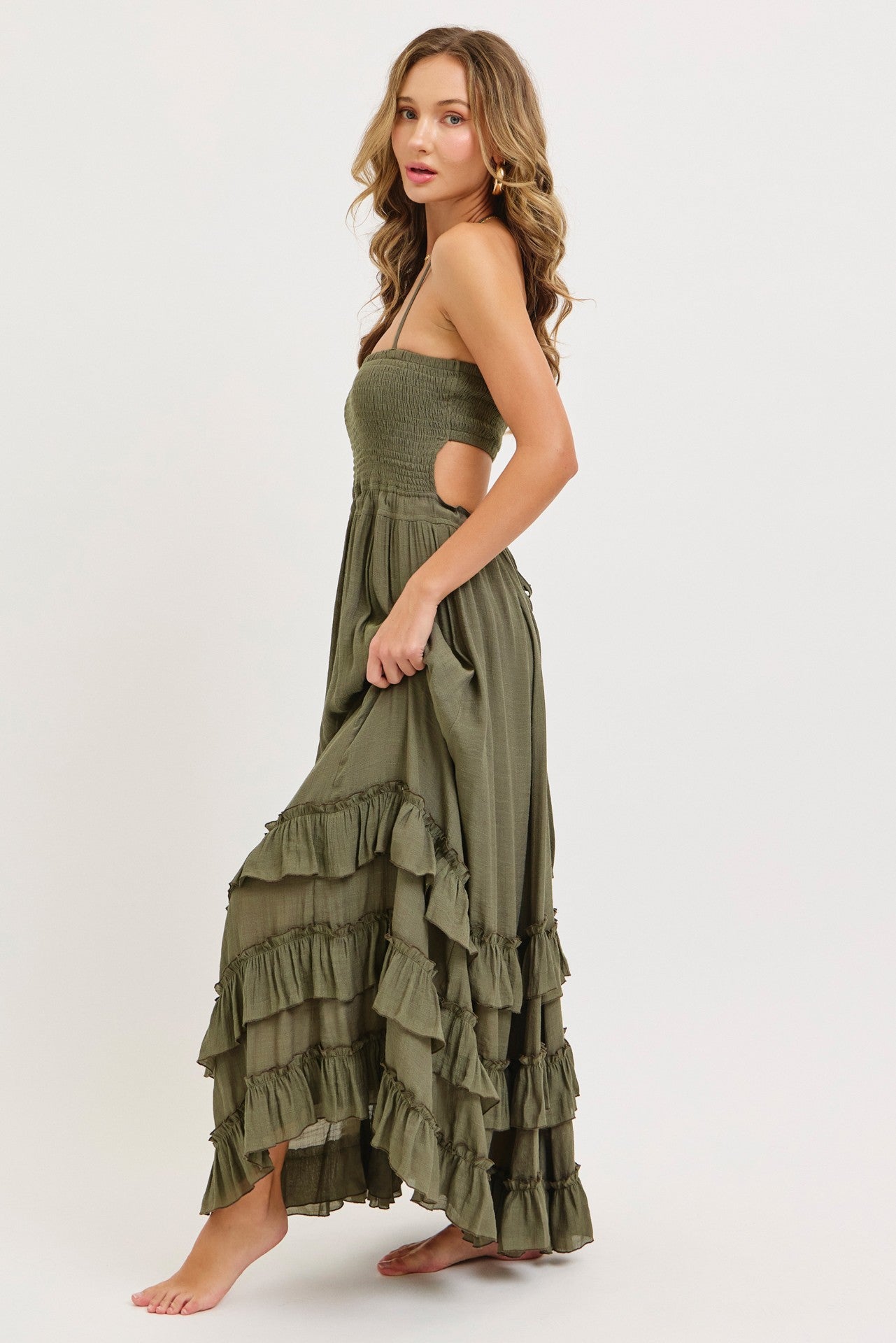 olive green ruffle dress Halter Smocked Tier Hem Maxi – PinkBlush size:8W