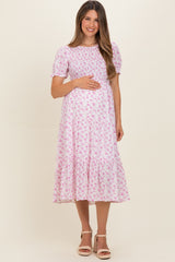 Pink Rose Floral Smocked Puff Sleeve Maternity Midi Dress