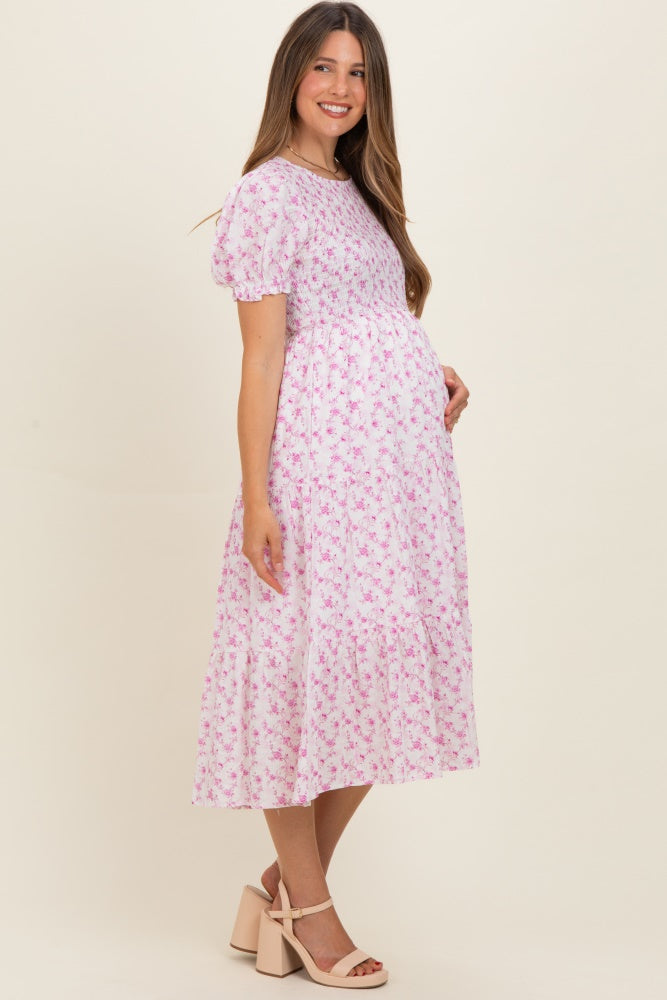 Pink Rose Floral Smocked Puff Sleeve Maternity Midi Dress