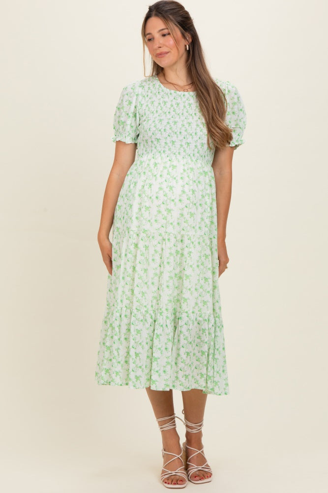 Light Green Rose Floral Smocked Puff Sleeve Maternity Midi Dress