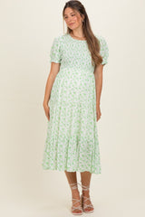 Light Green Rose Floral Smocked Puff Sleeve Maternity Midi Dress