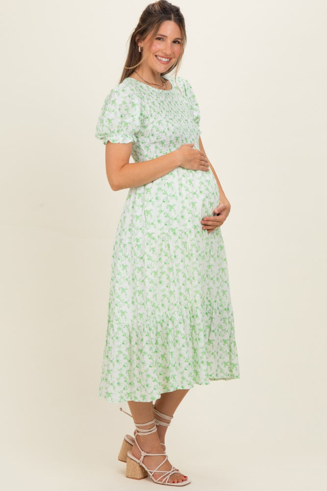 Light Green Rose Floral Smocked Puff Sleeve Maternity Midi Dress