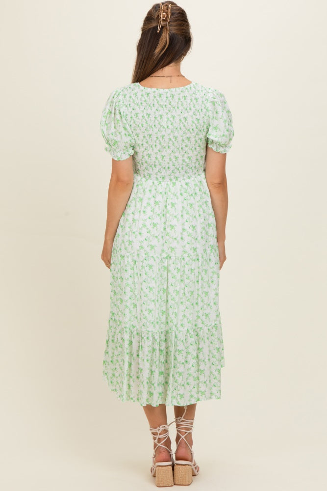 Light Green Rose Floral Smocked Puff Sleeve Maternity Midi Dress