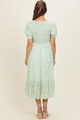 Light Green Rose Floral Smocked Puff Sleeve Maternity Midi Dress