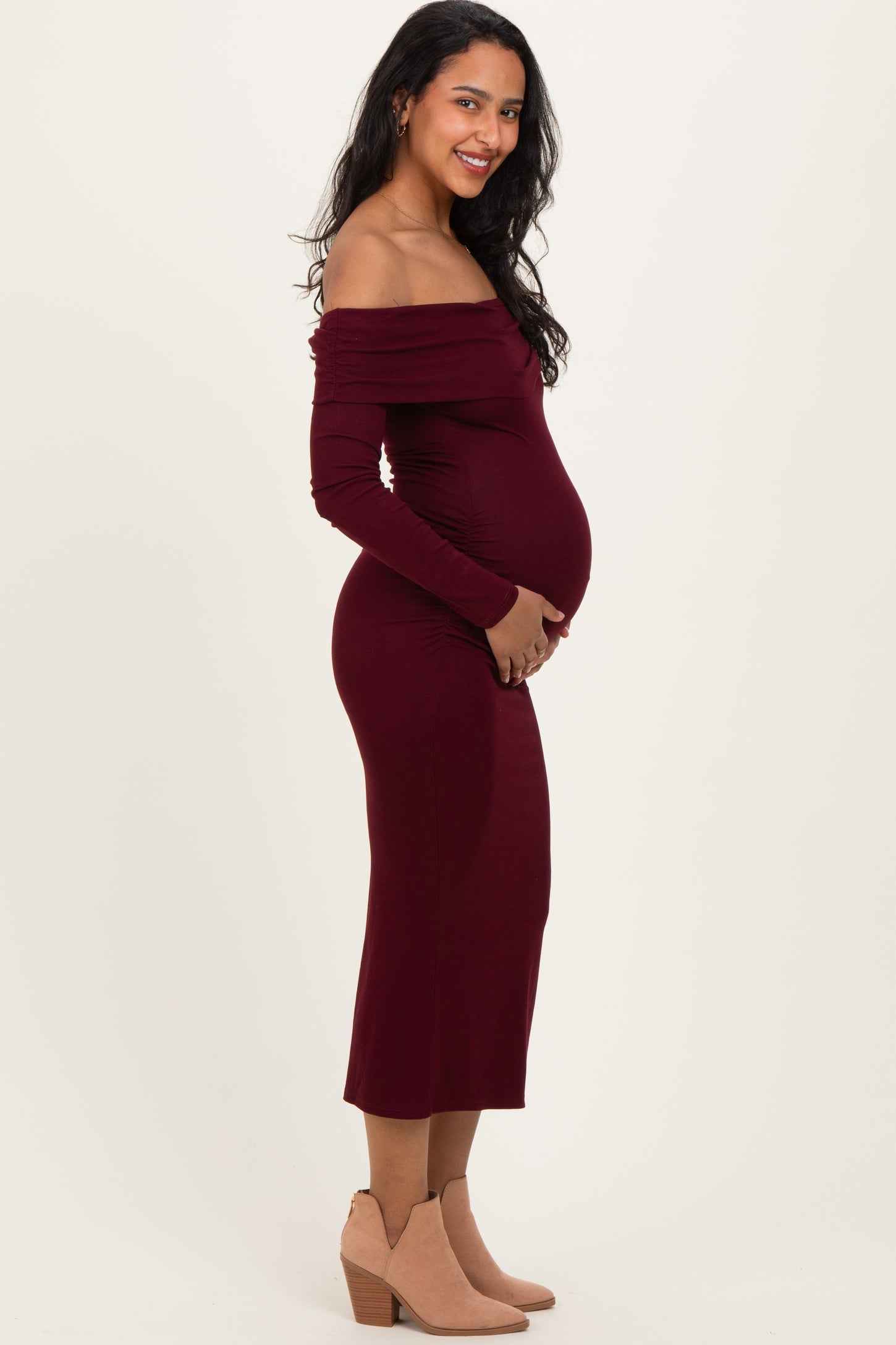 Wine Off Shoulder Ruched Side Slit Maternity Midi Dress