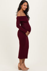 Wine Off Shoulder Ruched Side Slit Maternity Midi Dress