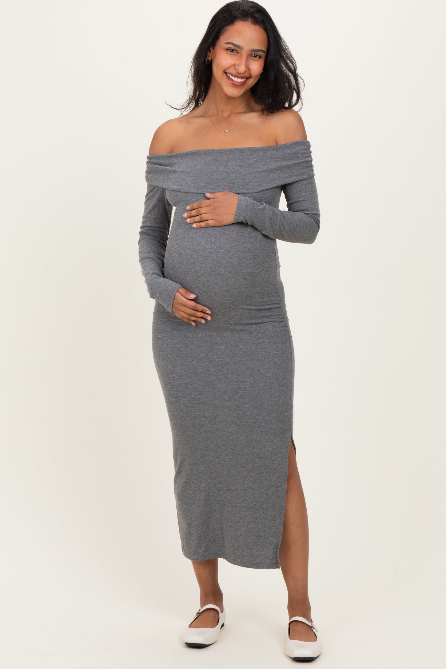 Charcoal Off Shoulder Ruched Side Slit Maternity Midi Dress