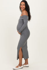 Charcoal Off Shoulder Ruched Side Slit Maternity Midi Dress