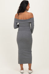 Charcoal Off Shoulder Ruched Side Slit Maternity Midi Dress