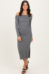 Charcoal Off Shoulder Ruched Side Slit Maternity Midi Dress