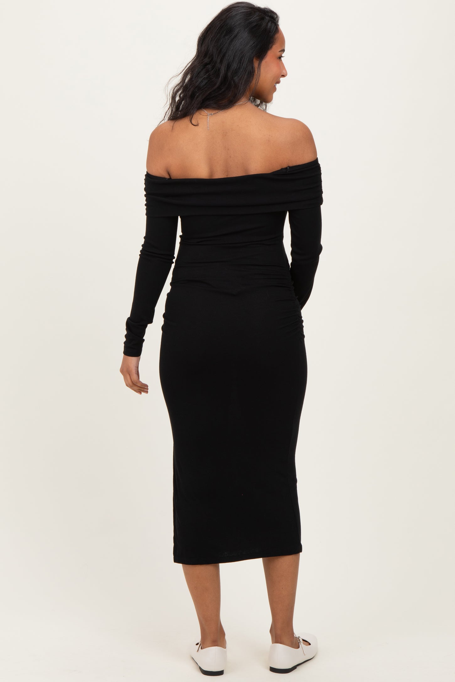 Black Off Shoulder Ruched Side Slit Maternity Midi Dress