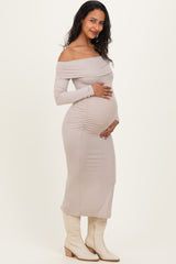 Beige Off Shoulder Ruched Side Slit Maternity Midi Dress