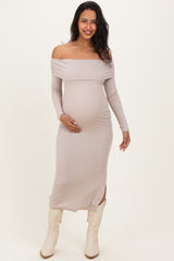 Beige Off Shoulder Ruched Side Slit Maternity Midi Dress