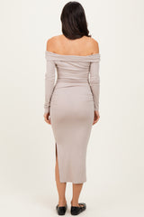 Beige Off Shoulder Ruched Side Slit Midi Dress