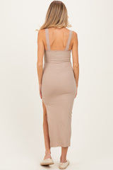 Beige Lace Trim Side Slit Maternity Tank Dress