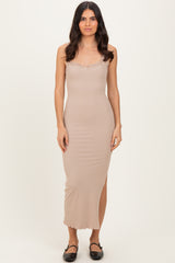 Beige Lace Trim Side Slit Tank Dress