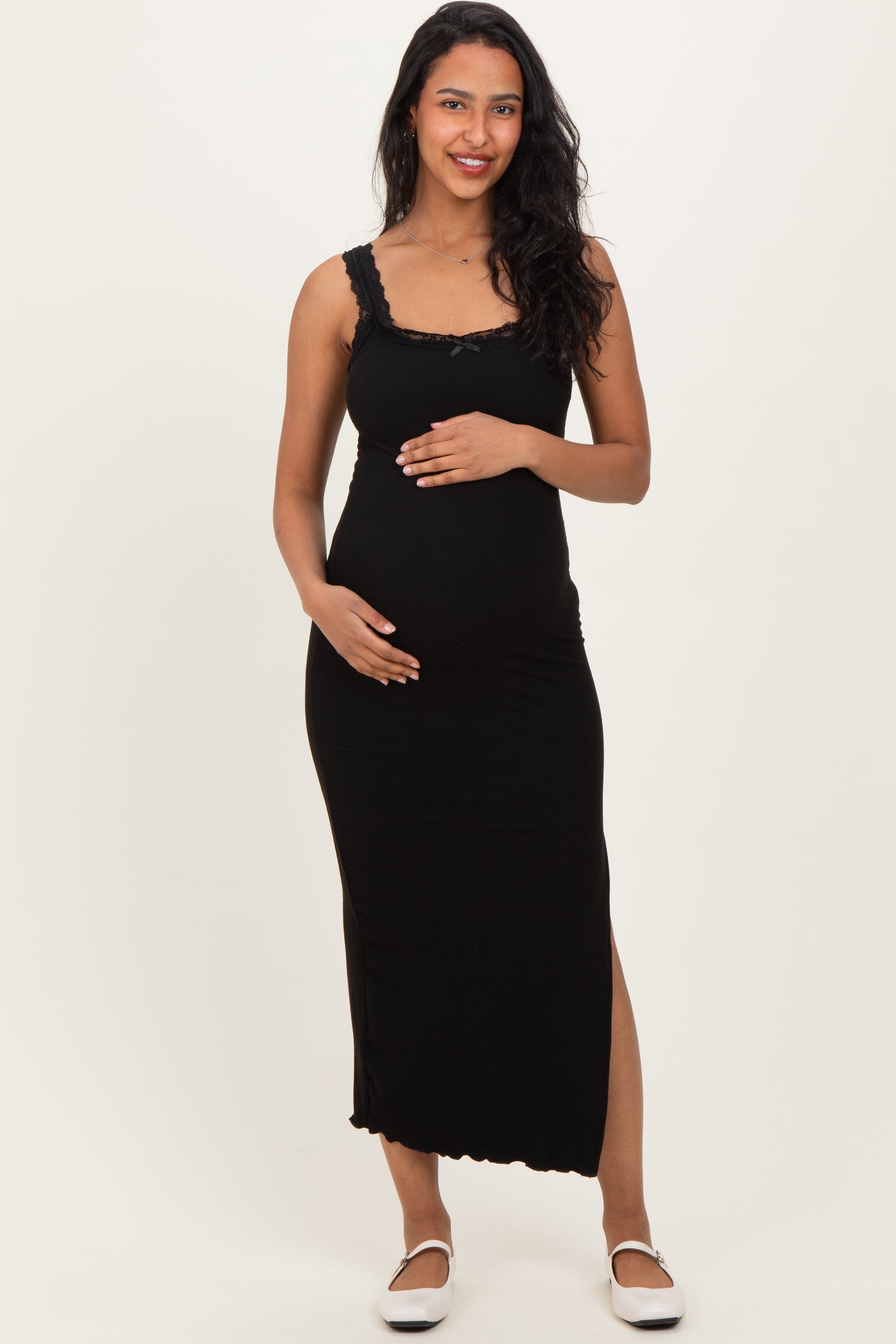 Black Lace Trim Side Slit Maternity Tank Dress