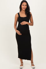 Black Lace Trim Side Slit Maternity Tank Dress