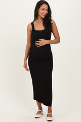 Black Lace Trim Side Slit Maternity Tank Dress