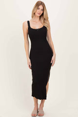Black Lace Trim Side Slit Maternity Tank Dress