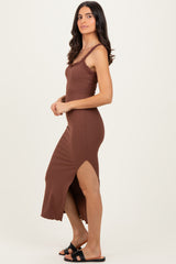 Brown Lace Trim Side Slit Tank Dress