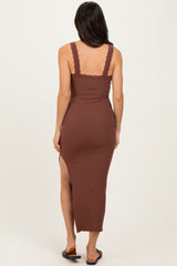 Brown Lace Trim Side Slit Tank Dress