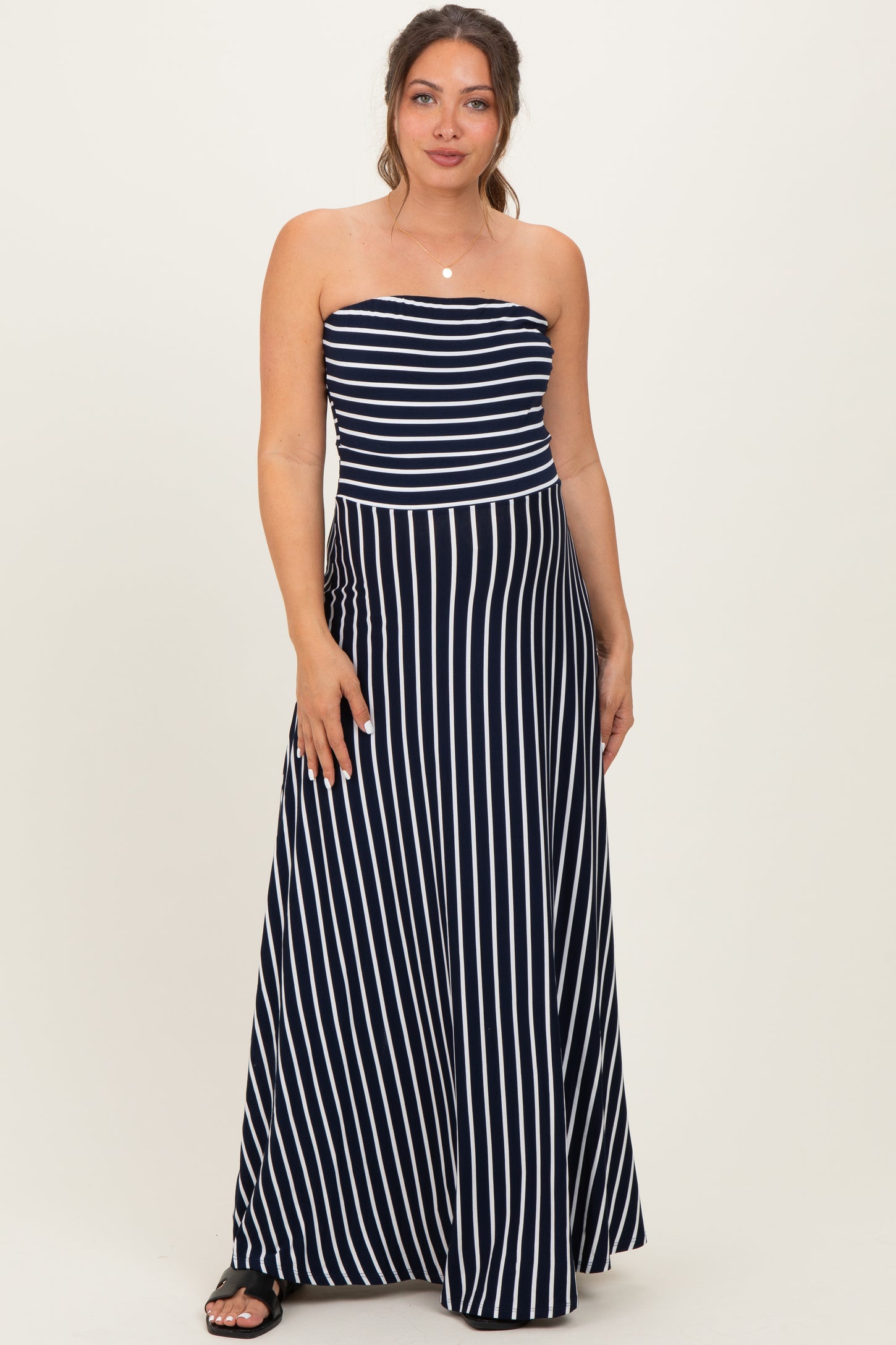 Navy Striped Strapless Maternity Maxi Dress