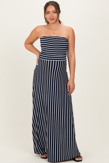Navy Striped Strapless Maternity Maxi Dress