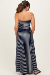 Navy Striped Strapless Maternity Maxi Dress