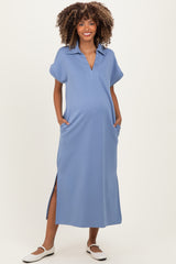 Dusty Blue Collared Short Sleeve Maternity Midi Dress