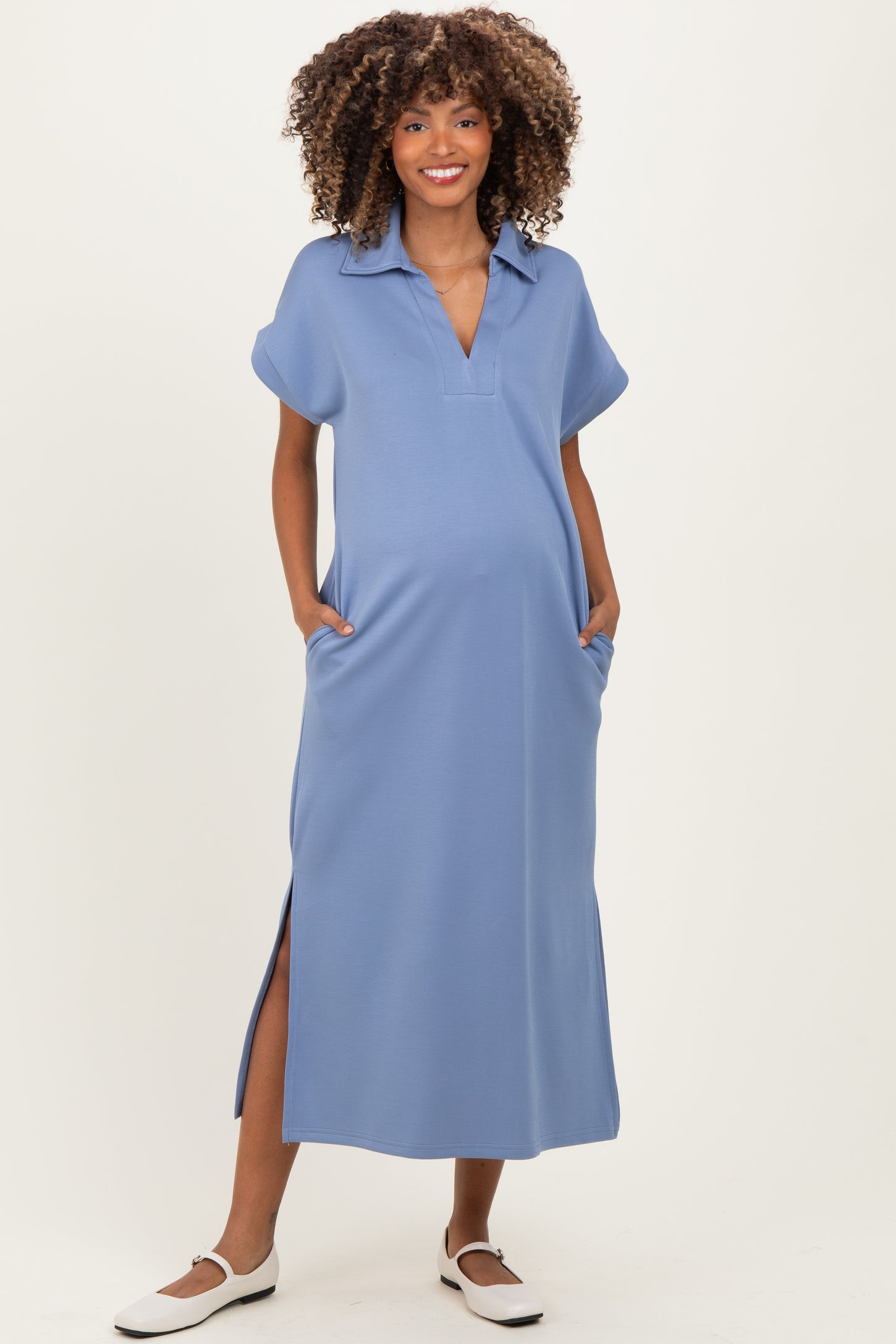 Dusty Blue Collared Short Sleeve Maternity Midi Dress – PinkBlush Dusty Blue Collared Short Sleeve Maternity Midi Dress – PinkBlush