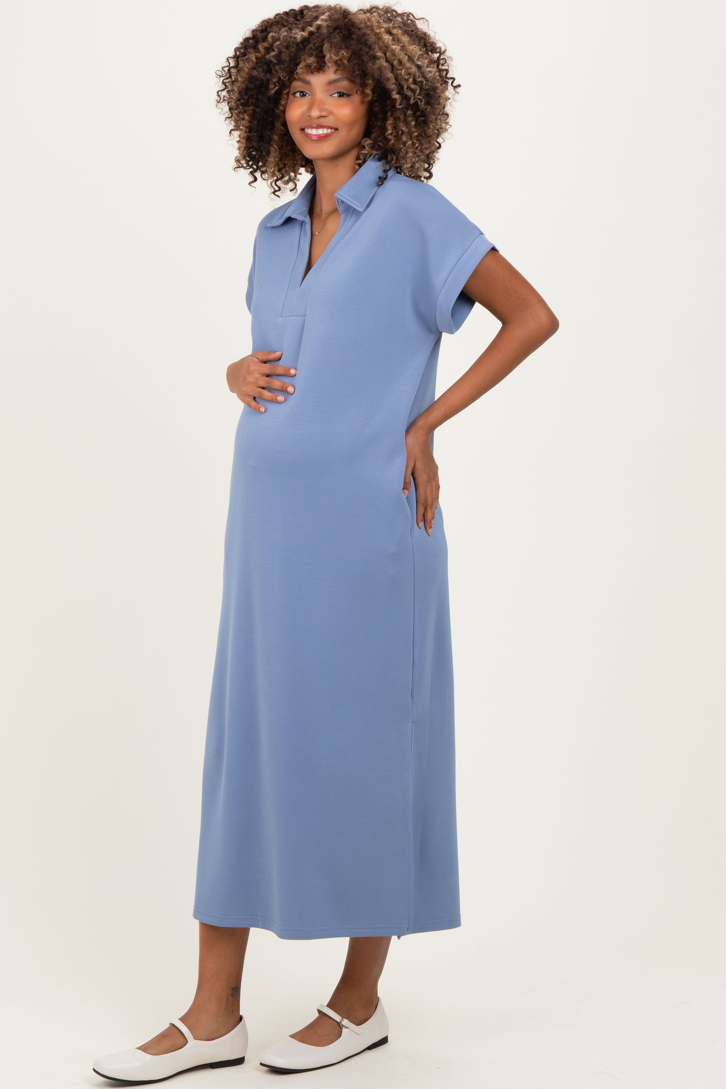 women's dusty blue dress Dusty Blue Collared Short Sleeve Maternity Midi Dress