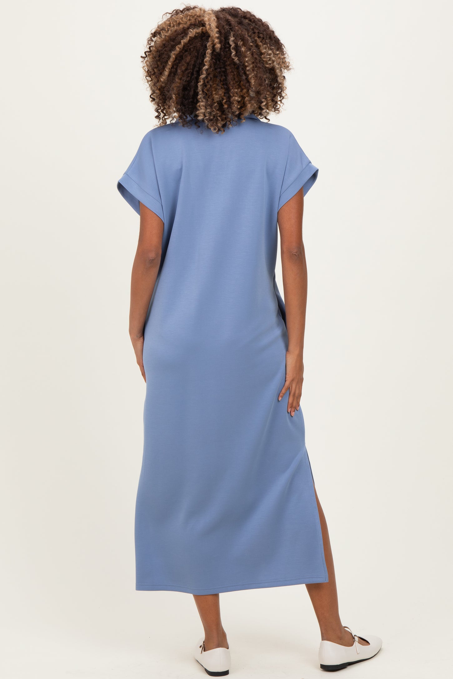 Dusty Blue Collared Short Sleeve Maternity Midi Dress